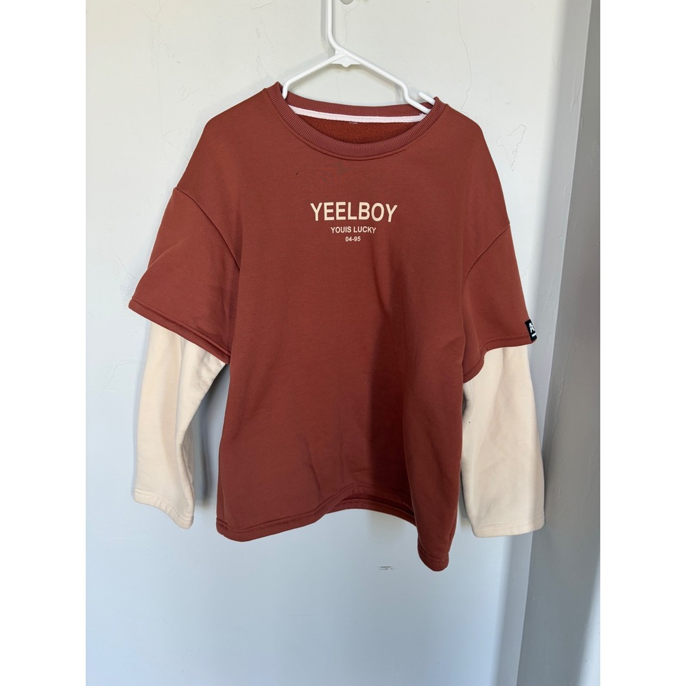 Yeelboy Mens Layered Graphic Sweatshirt Rust Cream Long Sleeve Streetwear Small